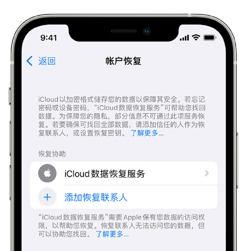 桦南苹果手机维修分享在 iPhone 上设置帐户恢复联系人的方法 